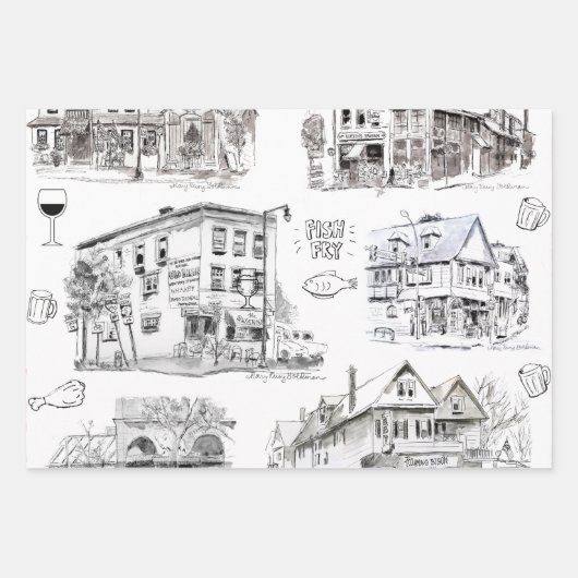 Historic Beer Taverns of Buffalo NY Pen & Ink Wra Inpakpapier Vel (Voorkant)