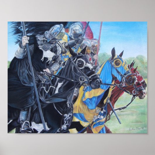 historic medieval knights jousting on horses poster (Voorkant)