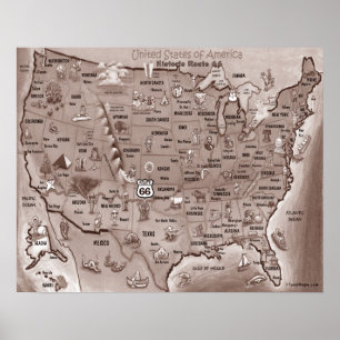 Historic Route 66 USA Cartoon Map Poster