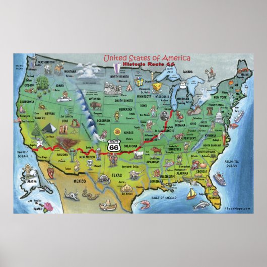 Historic Route 66 USA Cartoon Map Poster (Voorkant)