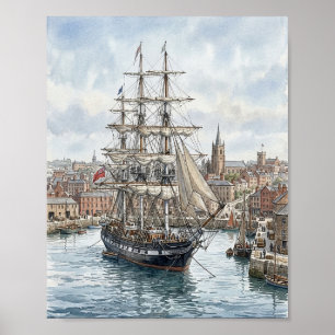 Historisch hoog schip in Europese haven havenwater Poster