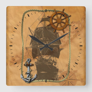 Historisch zeemaand schip en Nautical Map Vierkante Klok