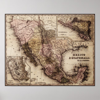 Historische kaart Mexico en Guatemala Canvas Afdru Poster