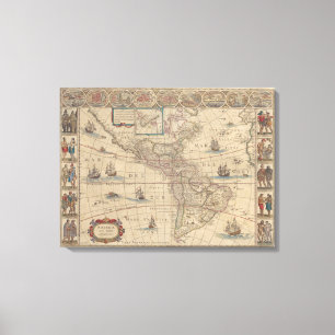 Historische kaart van Amerika (Noord- en Zuid-Amer Canvas Afdruk