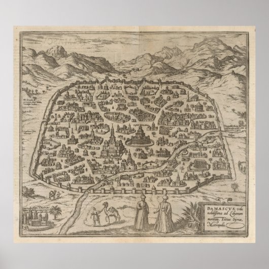 Historische kaart van Damascus Syrië (1575) Poster (Voorkant)