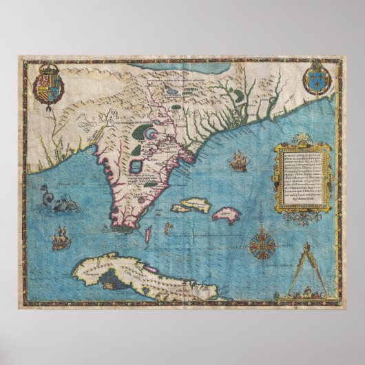 Historische kaart van Florida (1591) Poster (Voorkant)