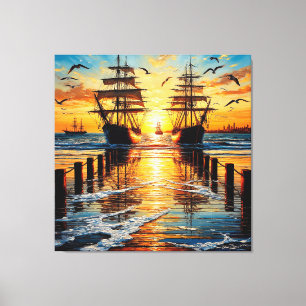 Historische lange schepen varen bij zonsondergang canvas afdruk