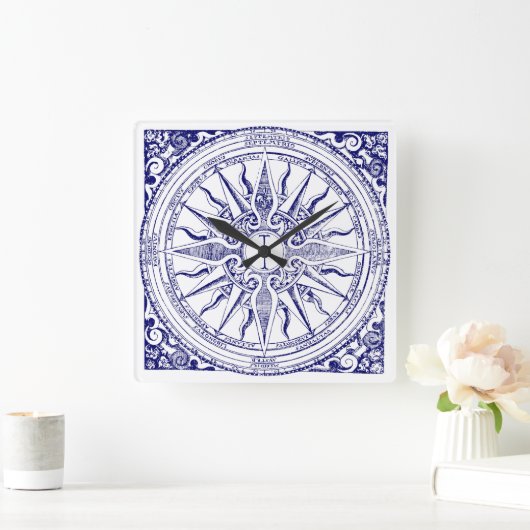 Historische nautische kompas Blauw & Wit Print Vierkante Klok (Huis)