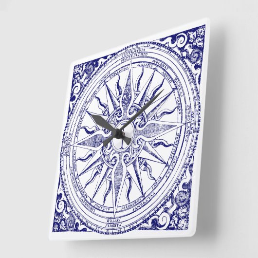 Historische nautische kompas Blauw & Wit Print Vierkante Klok (Hoek)