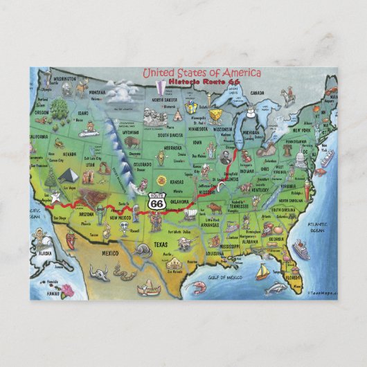 Historische Route 66 Cartoon Map Briefkaart (Voorkant)