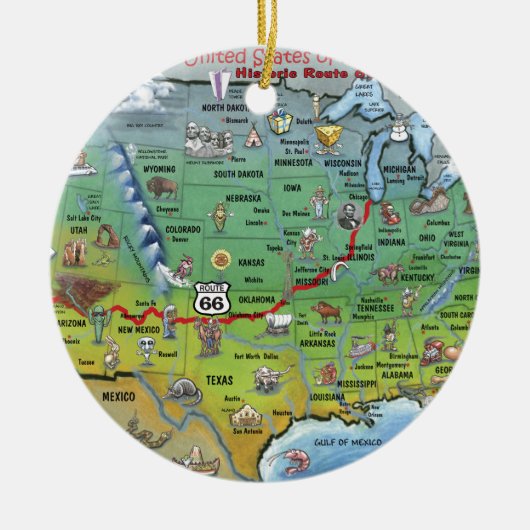 Historische Route 66 Cartoon Map Keramisch Ornament (Voorkant)