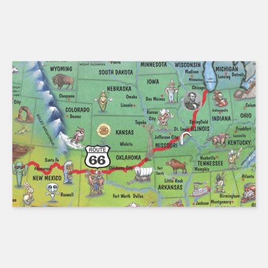 Historische Route 66 Cartoon Map Rechthoekige Sticker (Voorkant)