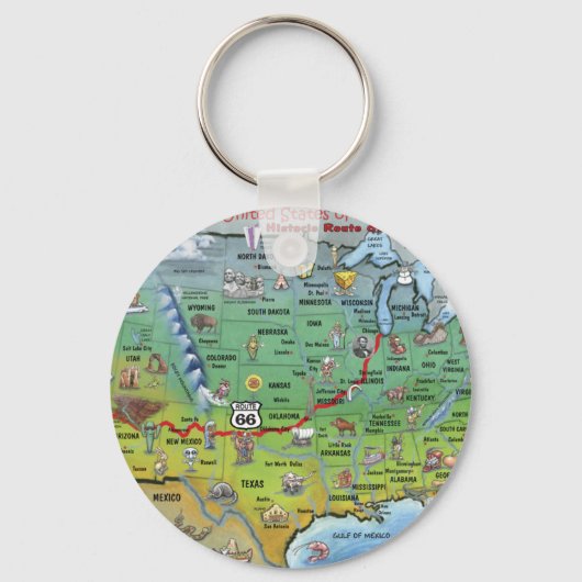 Historische Route 66 Cartoon Map Sleutelhanger (Voorkant)