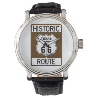Historische Texas Route 66 Zwart Lederen horloge