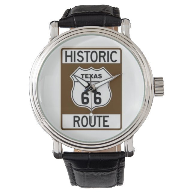 Historische Texas Route 66 Zwart Lederen horloge (Voorkant)
