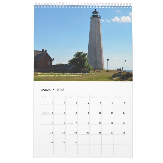 Historische vuurtoren van New England Kalender (Mar 2026)