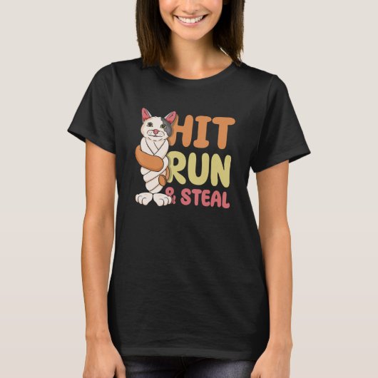Hit Run & Steal Baseball Twisted Bat Cat Funny Spo T-shirt (Voorkant)
