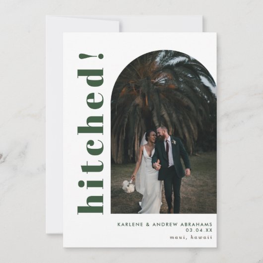 Hitched Arch Photo Typography Wedding Elopement Aankondiging (Voorkant)