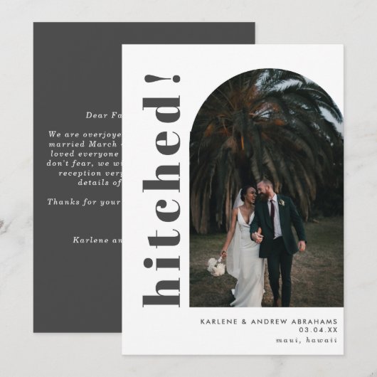 Hitched Gray Arch Photo Wedding Elopement Aankondiging (Voorkant / Achterkant)