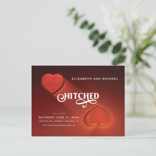 Hitched, twee harten sparen de datum Briefkaart (Staand voorkant)