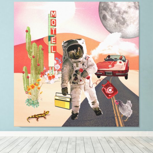 Hitchhiking Astronaut Surreal Collage Canvas Print (Insitu (Houten vloer))