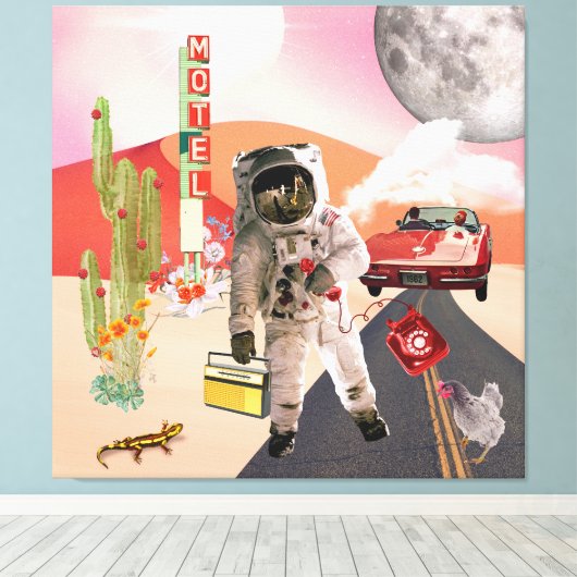 Hitchhiking Astronaut Surreal Collage Canvas Print (Insitu (Houten vloer))