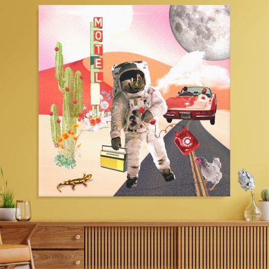 Hitchhiking Astronaut Surreal Collage Canvas Print (Insitu (Woonkamer))