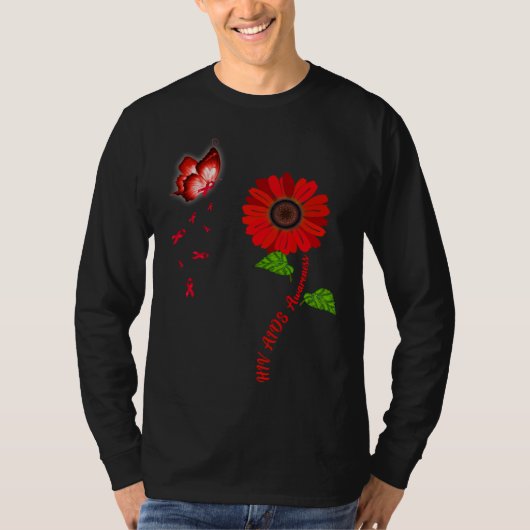 HIV Aids Awareness Red Butterfly Sunflower Ribbon T-shirt (Voorkant)