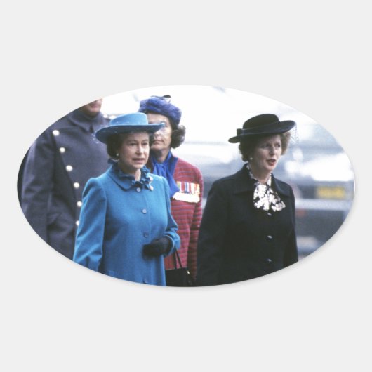 HM Queen Elizabeth II-Margaret Thatcher Ovale Sticker (Voorkant)