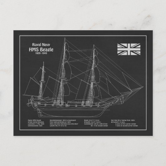 HMS Beagle Tall Ship - Blauwdruk van het schip Briefkaart (Voorkant)