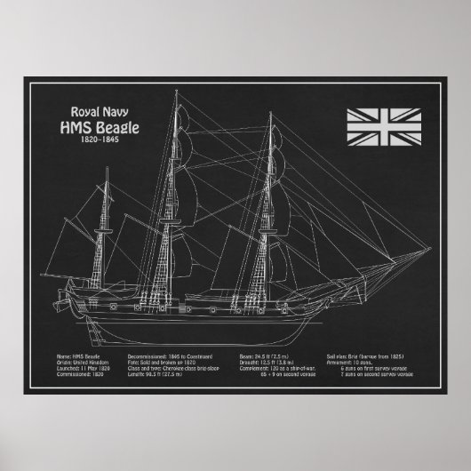 HMS Beagle Tall Ship - Blauwdruk van het schip Poster (Voorkant)