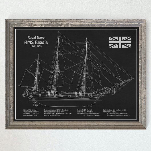 HMS Beagle Tall Ship - Blauwdruk van het schip Poster