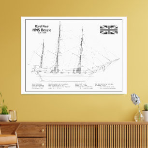 HMS Beagle Tall Ship - Blauwdruk voor schepen Canvas Afdruk