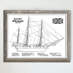 HMS Beagle Tall Ship - Blauwdruk voor schepen Poster