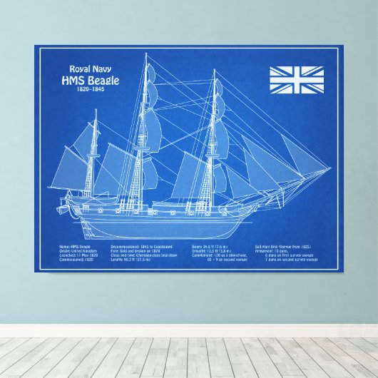HMS Beagle Tall Ship - Scheepsblauwdruk ABD Canvas Afdruk (Insitu (Houten vloer))