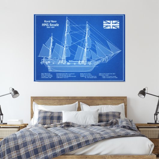 HMS Beagle Tall Ship - Scheepsblauwdruk ABD Canvas Afdruk (Insitu (Slaapkamer))
