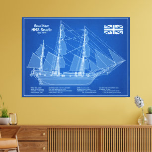 HMS Beagle Tall Ship - Scheepsblauwdruk ABD Canvas Afdruk