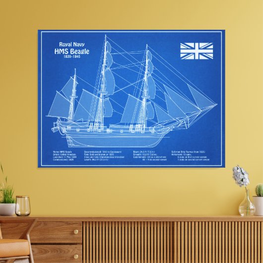 HMS Beagle Tall Ship - Scheepsblauwdruk ABD Canvas Afdruk (Insitu (Woonkamer))