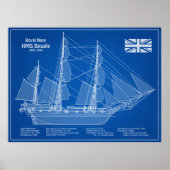 HMS Beagle Tall Ship - Scheepsblauwdruk ABD Poster (Voorkant)