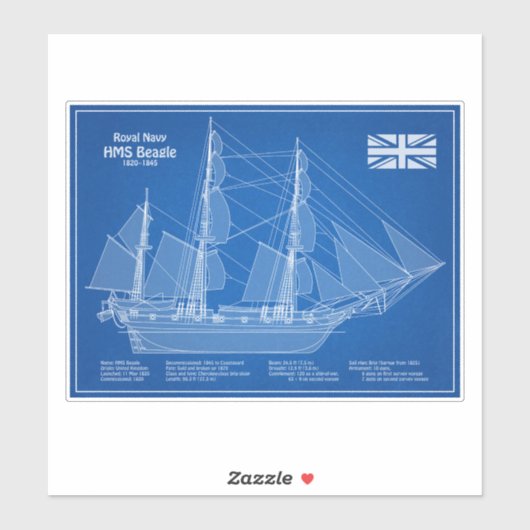 HMS Beagle Tall Ship - Scheepsblauwdruk ABD Sticker (Vel)