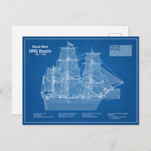HMS Bounty - Schip Blauwdruk Plannen ABD Briefkaart (Voorkant / Achterkant)