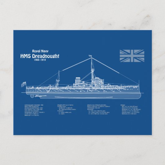 HMS Dreadnought - Scheepsblauwdruk ABD Briefkaart (Voorkant)