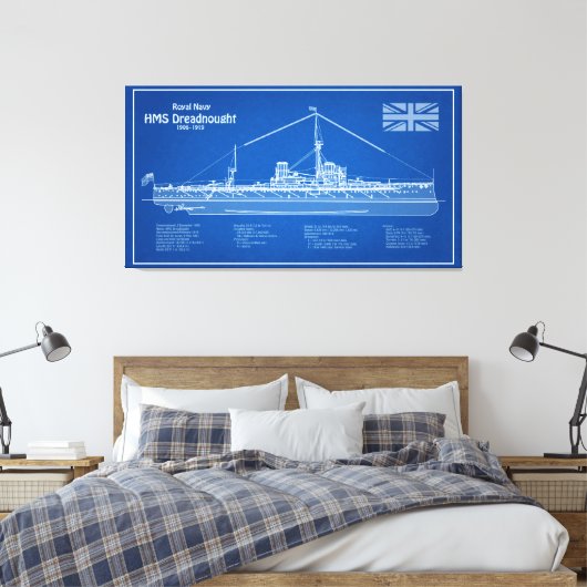 HMS Dreadnought - Scheepsblauwdruk ABD Canvas Afdruk (Insitu (Slaapkamer))