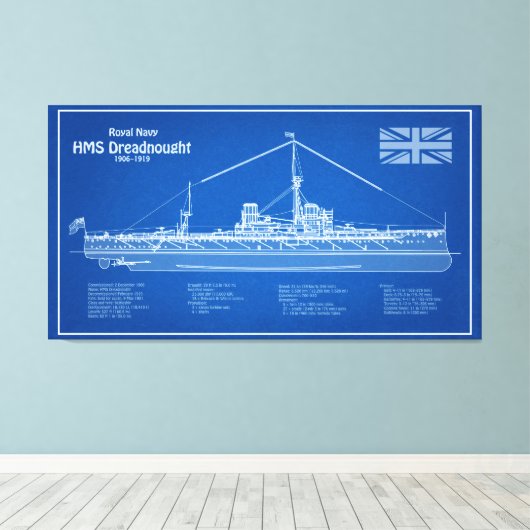 HMS Dreadnought - Scheepsblauwdruk ABD Canvas Afdruk (Insitu (Houten vloer))