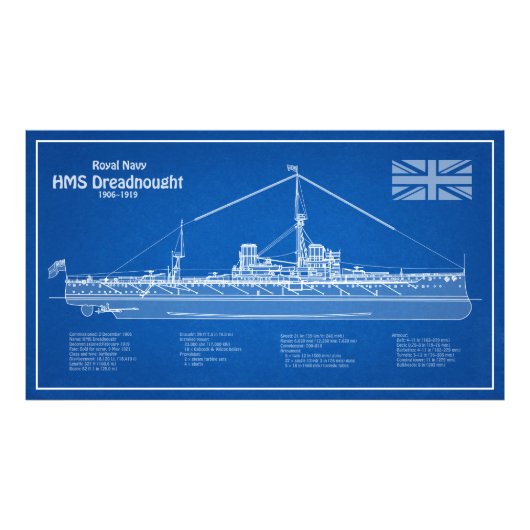 HMS Dreadnought - Scheepsblauwdruk ABD Foto Afdruk (Voorkant)