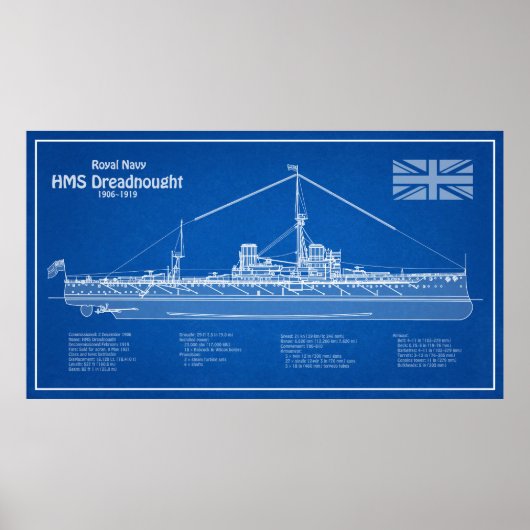 HMS Dreadnought - Scheepsblauwdruk ABD Poster (Voorkant)