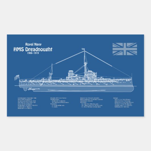 HMS Dreadnought - Scheepsblauwdruk ABD Rechthoekige Sticker (Voorkant)