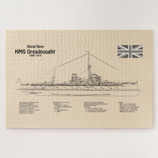 HMS Dreadnought - Scheepsblauwdruk SD Legpuzzel (Horizontaal)