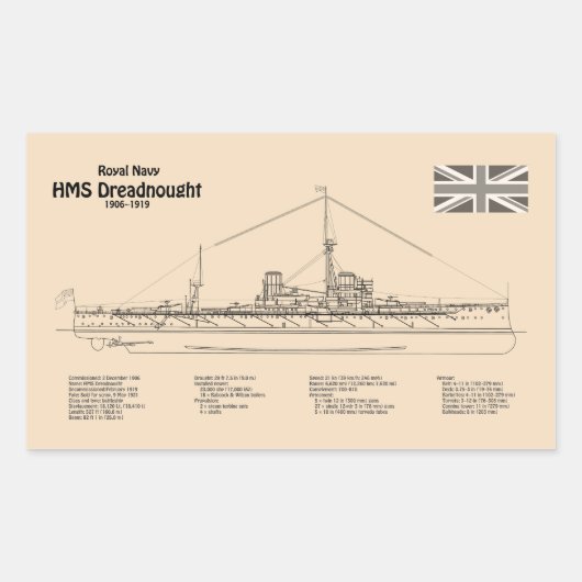 HMS Dreadnought - Scheepsblauwdruk SD Rechthoekige Sticker (Voorkant)