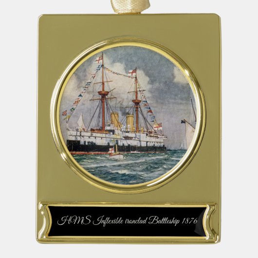 HMS inflexibel ijzeren slagschip 1876 Verguld Banner Ornament (Voorkant)